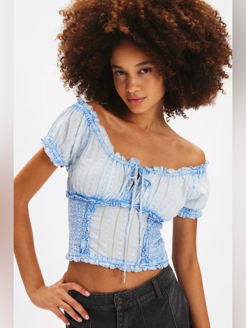 Urban Outfitters Kimchi Blue Light Blue Scoop Neck Crop Puff Sleeve Top Size M